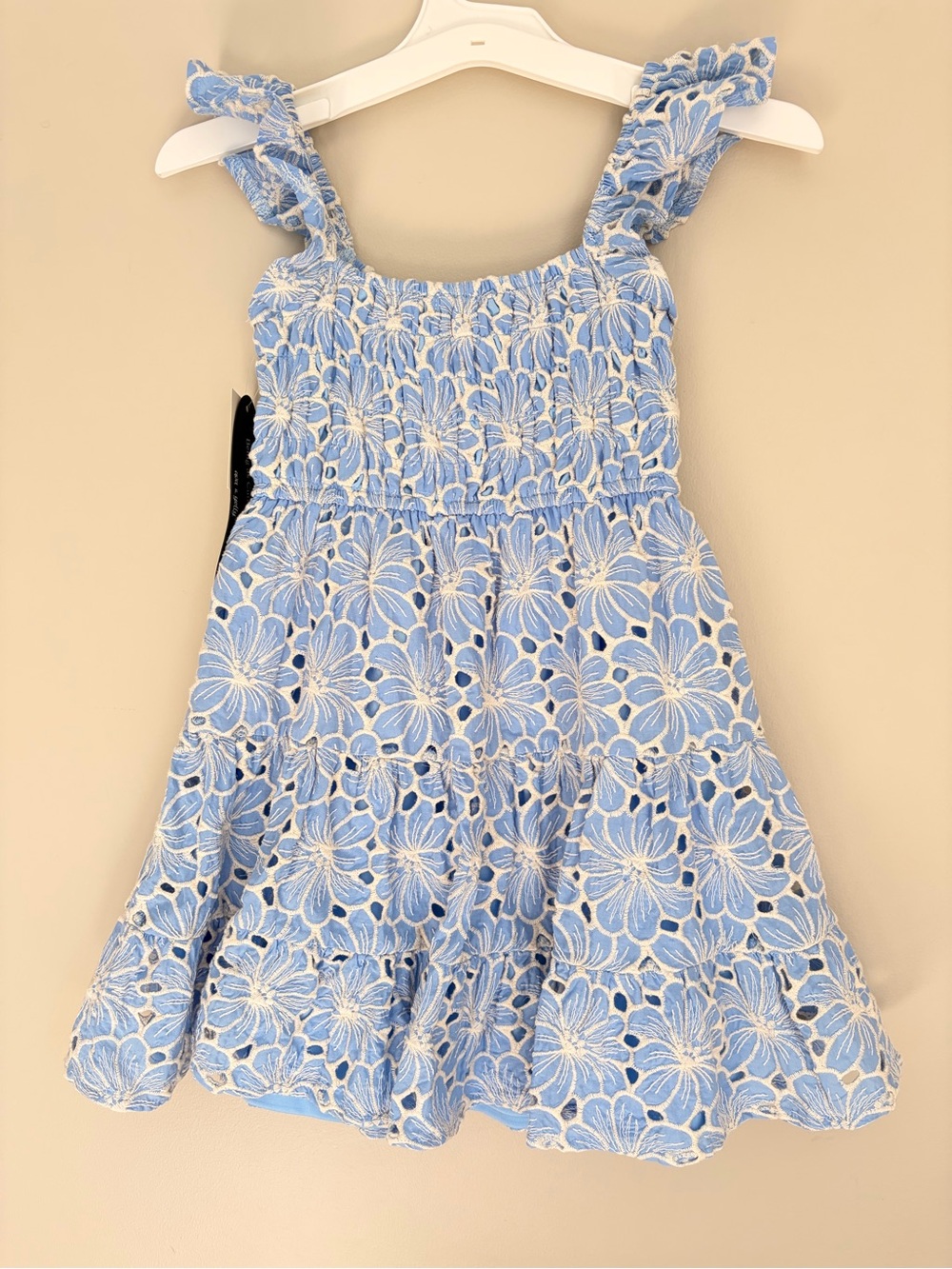 Girls Size 7 Blue Floral Eyelet Smocked Ruffle Dress NWT - Picture 2 of 7